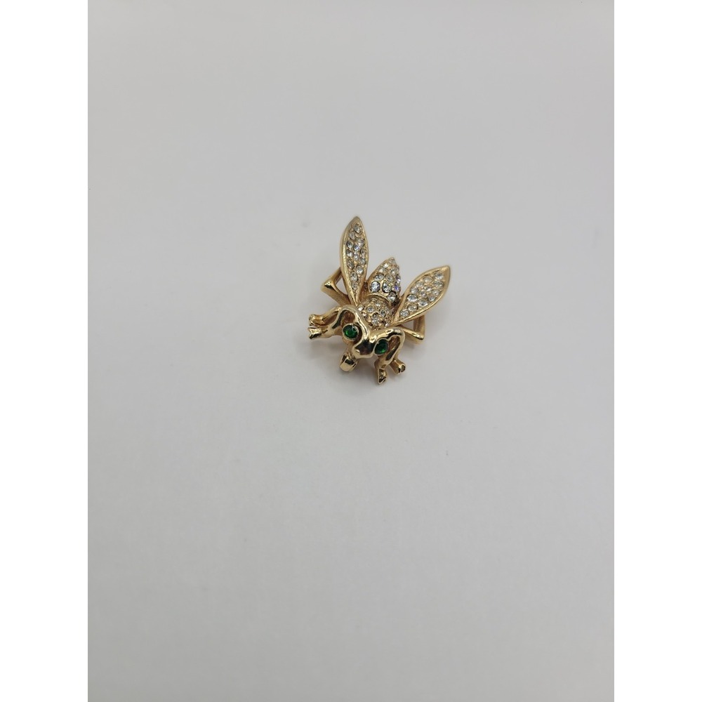 Vintage Rhinestone Fly Brooch Gold Tone Green Eyes Insect Figural Pin - Picture 3 of 11